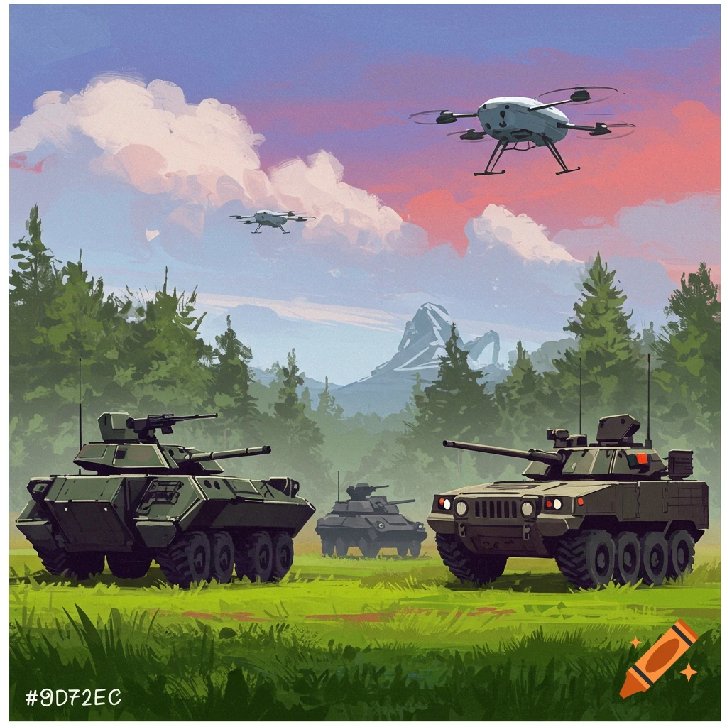 Painted scene of military vehicles and drones in a grassy field with trees and mountains.