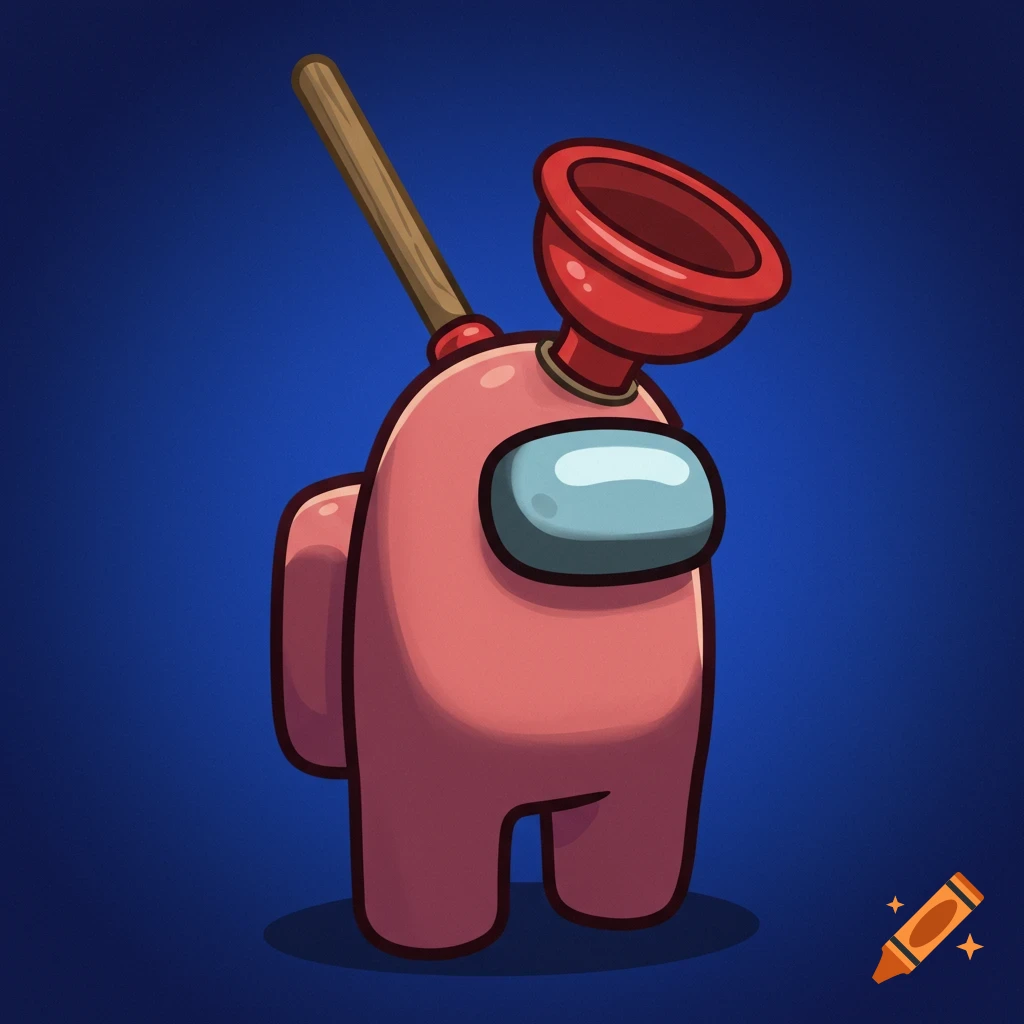 Pink Among Us character wearing a red plunger on its head, cartoon style.