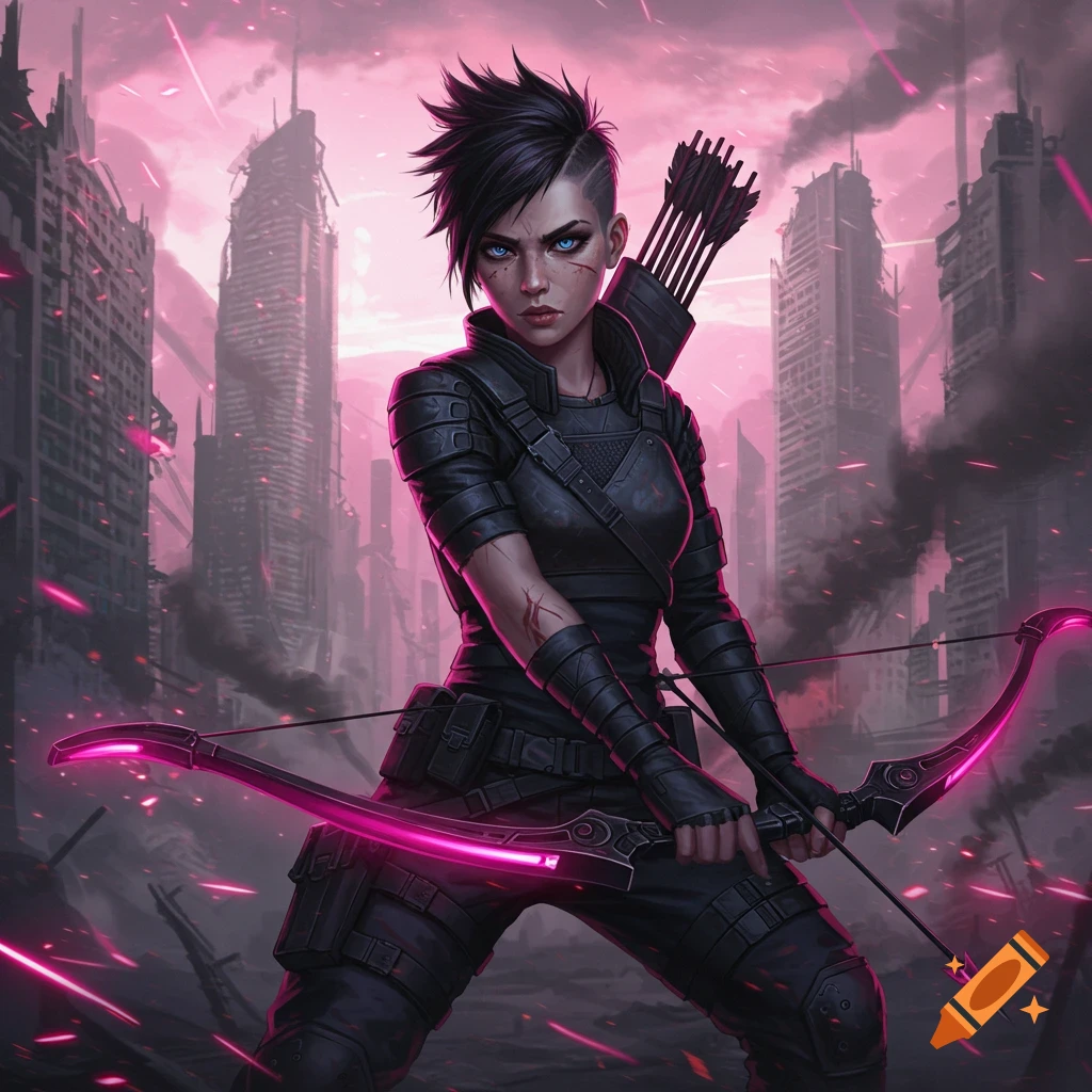 Female archer with a mohawk in a dystopian city, holding a glowing pink bow.