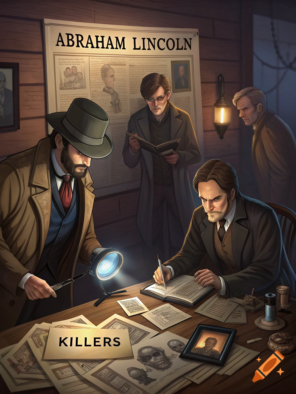 Illustration of several men in historical clothing gathered around a desk with papers and a magnifying glass, with a large poster reading "ABRAHAM LINCOLN" behind them.
