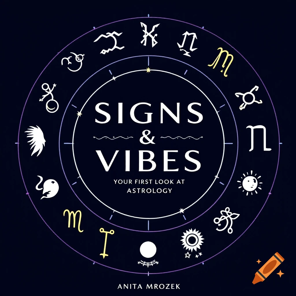 Astrology chart illustration with zodiac and celestial symbols around central text "SIGNS & VIBES: YOUR FIRST LOOK AT ASTROLOGY" and "ANITA MROZEK".