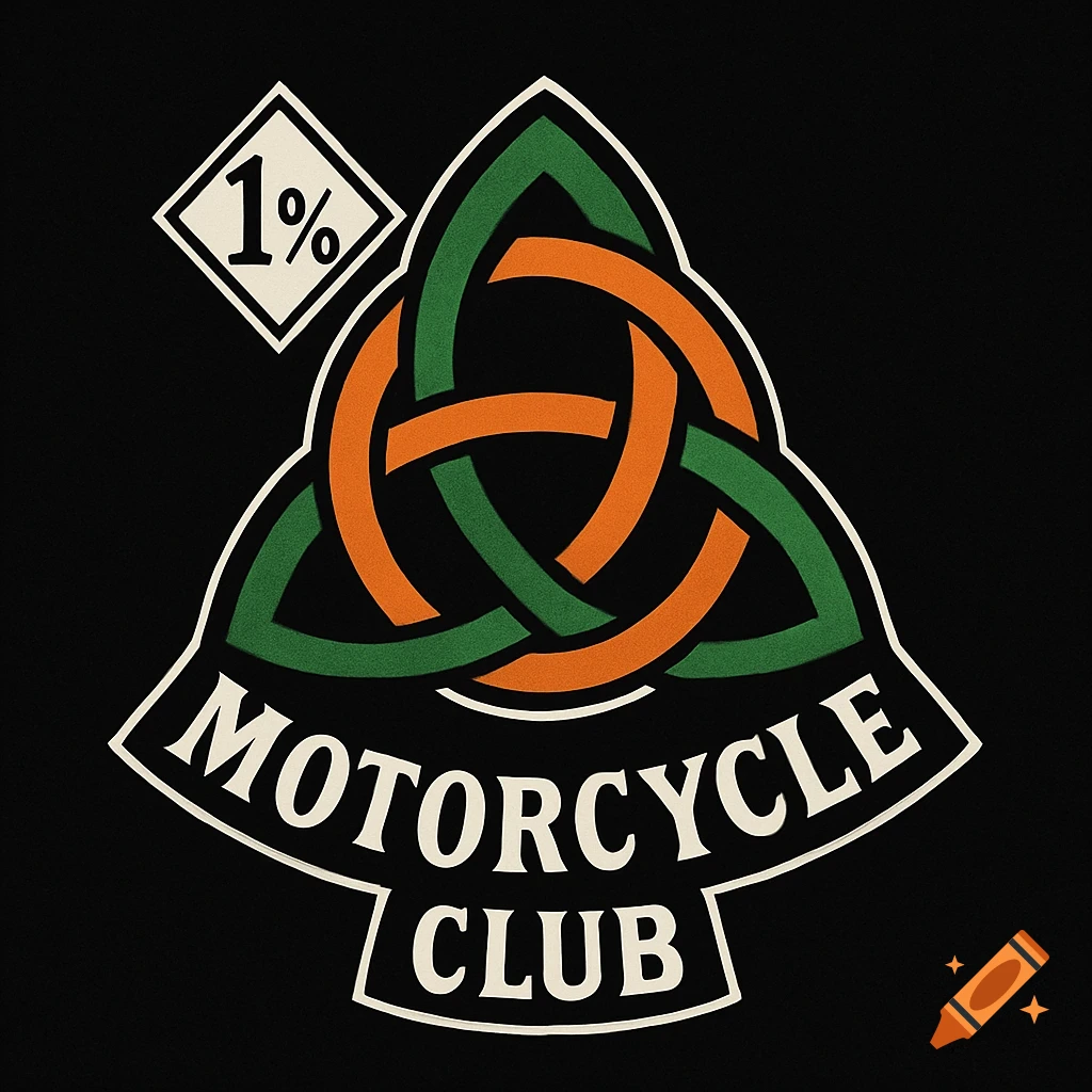 Logo with a green and orange Celtic knot, 1%, and 'Motorcycle Club' text.