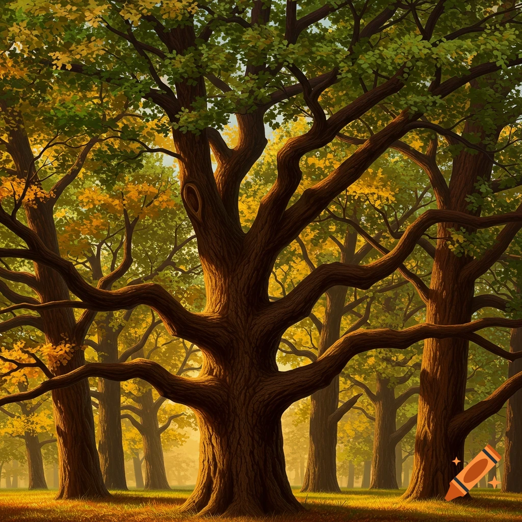 A view of large trees in a sunlit forest.