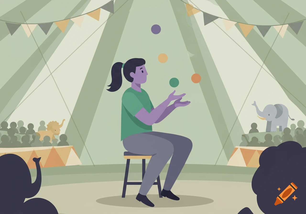 Minimalist flat illustration of a juggler sitting on a stool in a circus tent with elephants and audience.