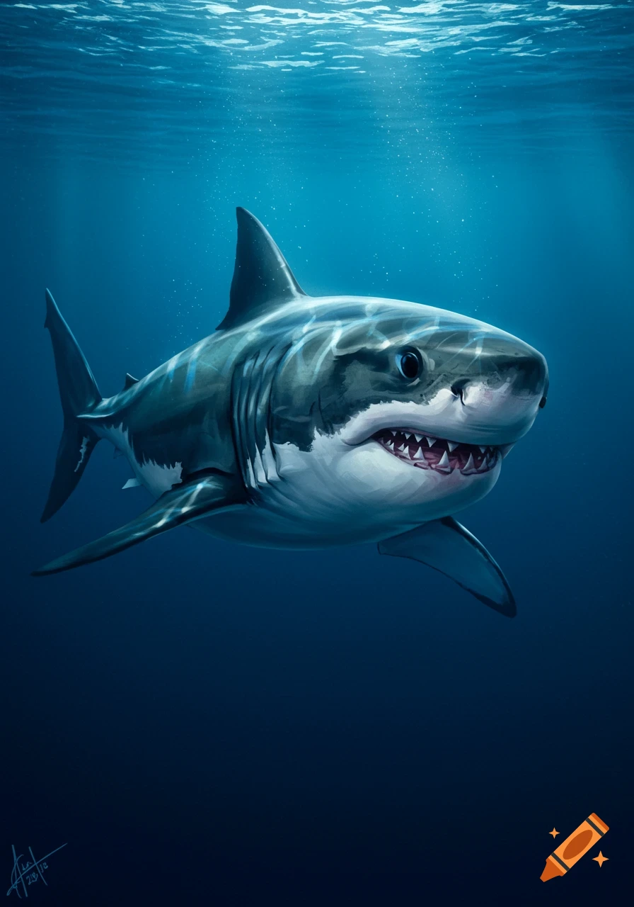 A great white shark swims in deep blue water with light rays filtering from the surface, digital illustration.
