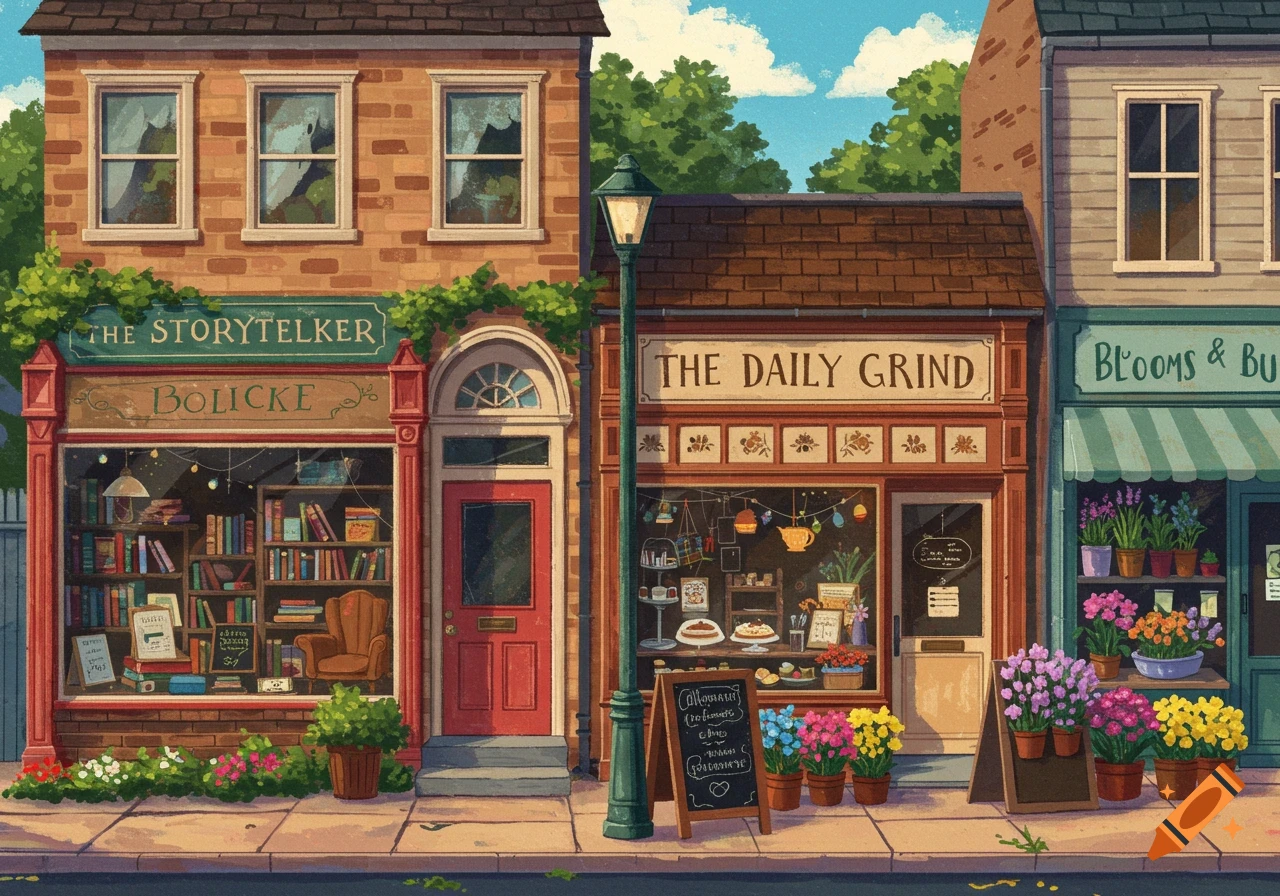 Painterly illustration of a charming street with a bookstore, coffee shop, and flower shop.