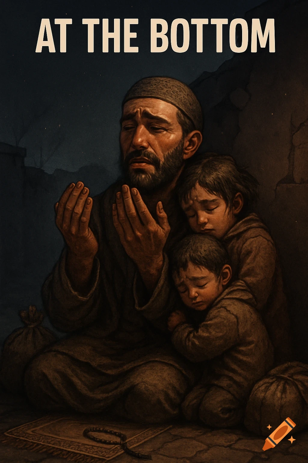 Digital illustration of a father praying with his children in a scene of hardship, text 'AT THE BOTTOM'.