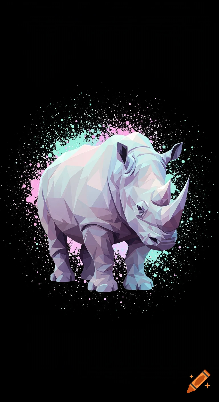 Geometric rhino with pink and turquoise paint splatters on a black background.