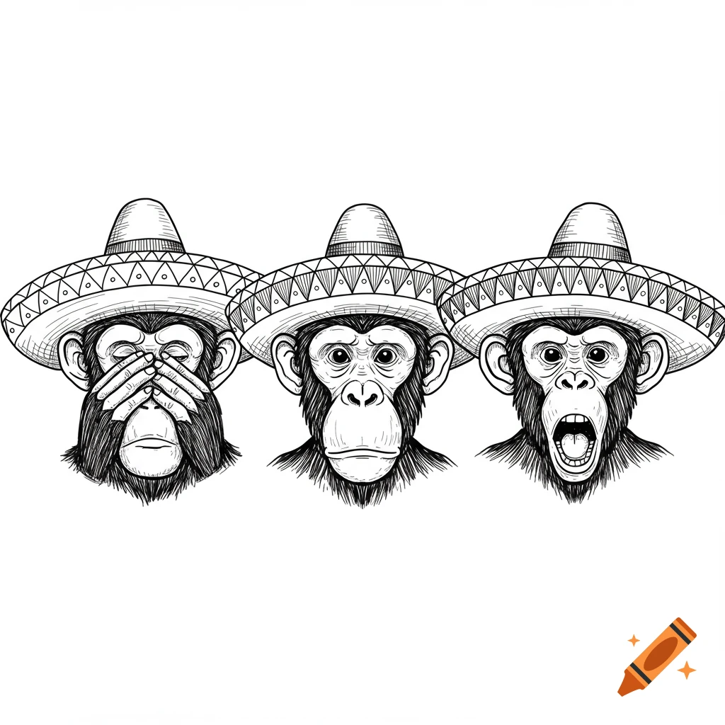 Black and white sketch of three monkeys in sombreros representing see no evil, hear no evil, speak no evil.
