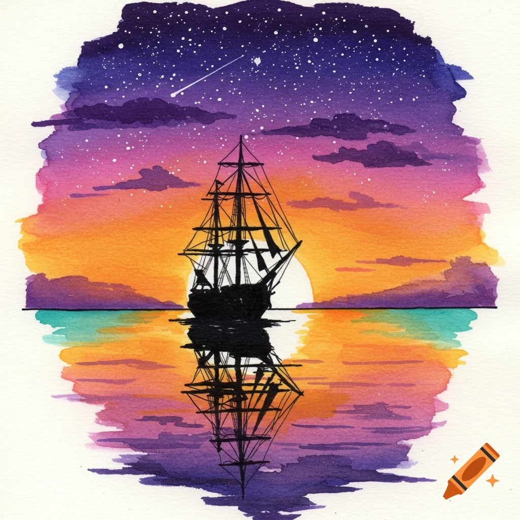 Watercolor painting of a silhouetted ship sailing at sunset with a star-filled sky, reflected in the water.