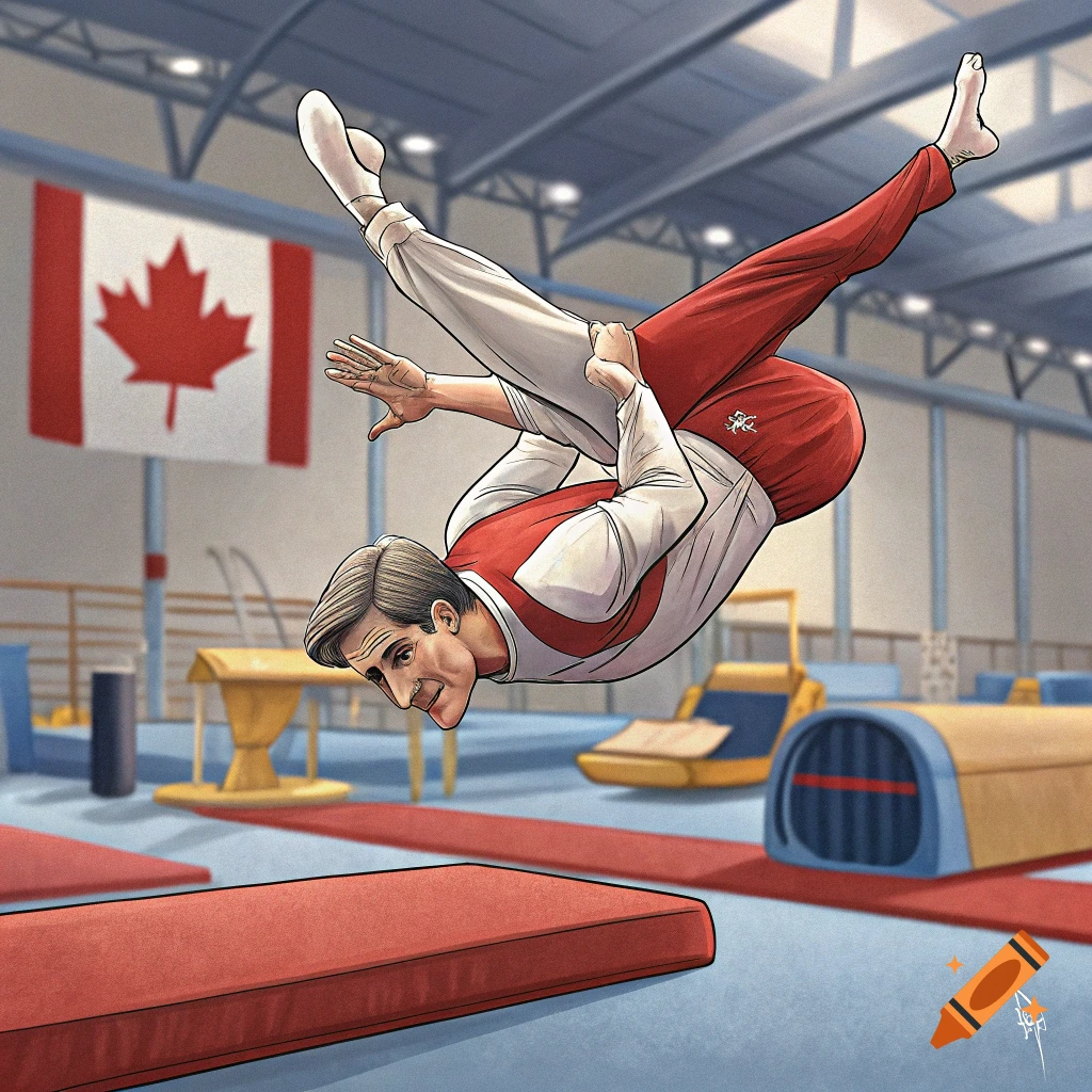 Illustration of a male gymnast in red and white performing a flip in a gym with a Canadian flag.