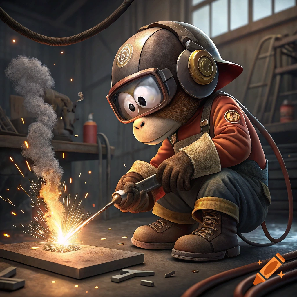 A cartoon monkey in welding gear works with a welding torch in a workshop.