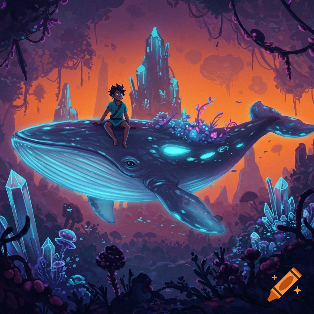 Boy sits on a giant glowing whale floating in a vibrant fantasy world with crystals and alien plants.