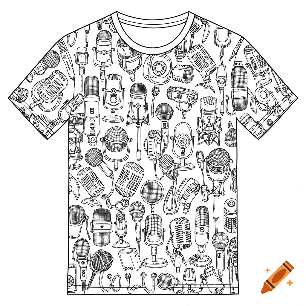 Line drawing pattern of various microphones on a t-shirt
