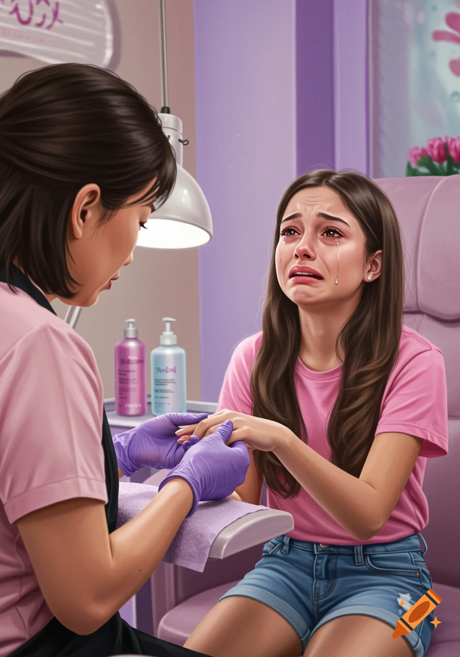 Realistic illustration of a girl crying while a nail technician does her nails in a salon.
