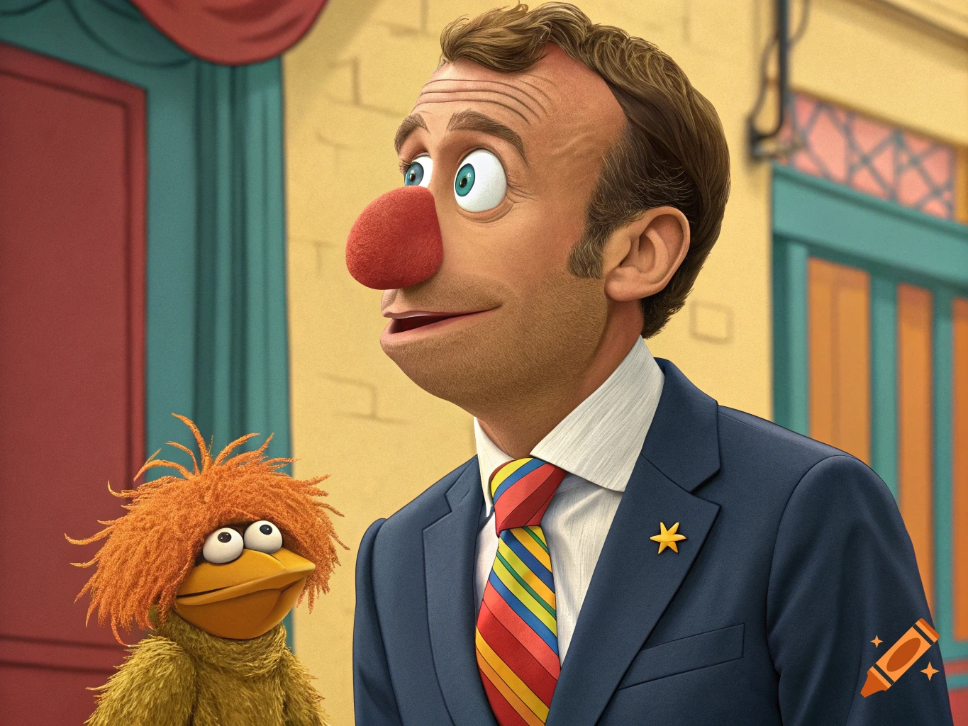 Cartoon of Emmanuel Macron with a red nose and colorful tie, next to a Fraggle Rock-like puppet.