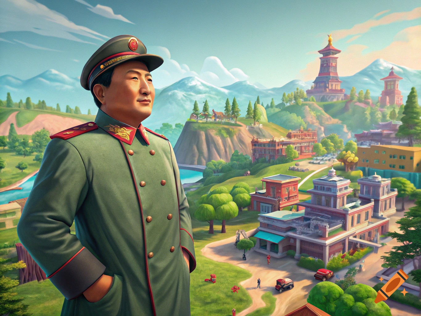 Stylized portrait of Mao Zedong in military uniform overlooking a vibrant, cartoon-style landscape with buildings and mountains.
