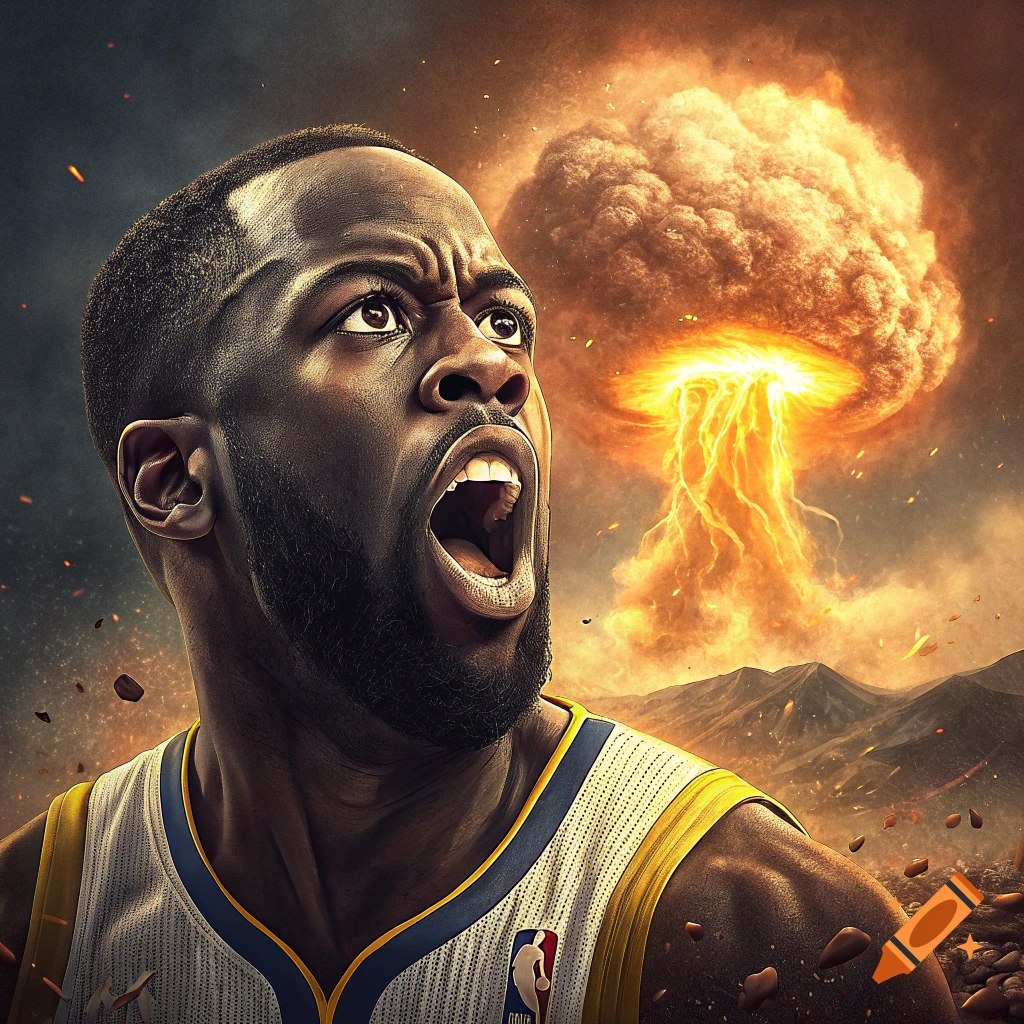 Basketball player reacts dramatically as a nuclear explosion erupts behind him in a fiery apocalyptic scene.