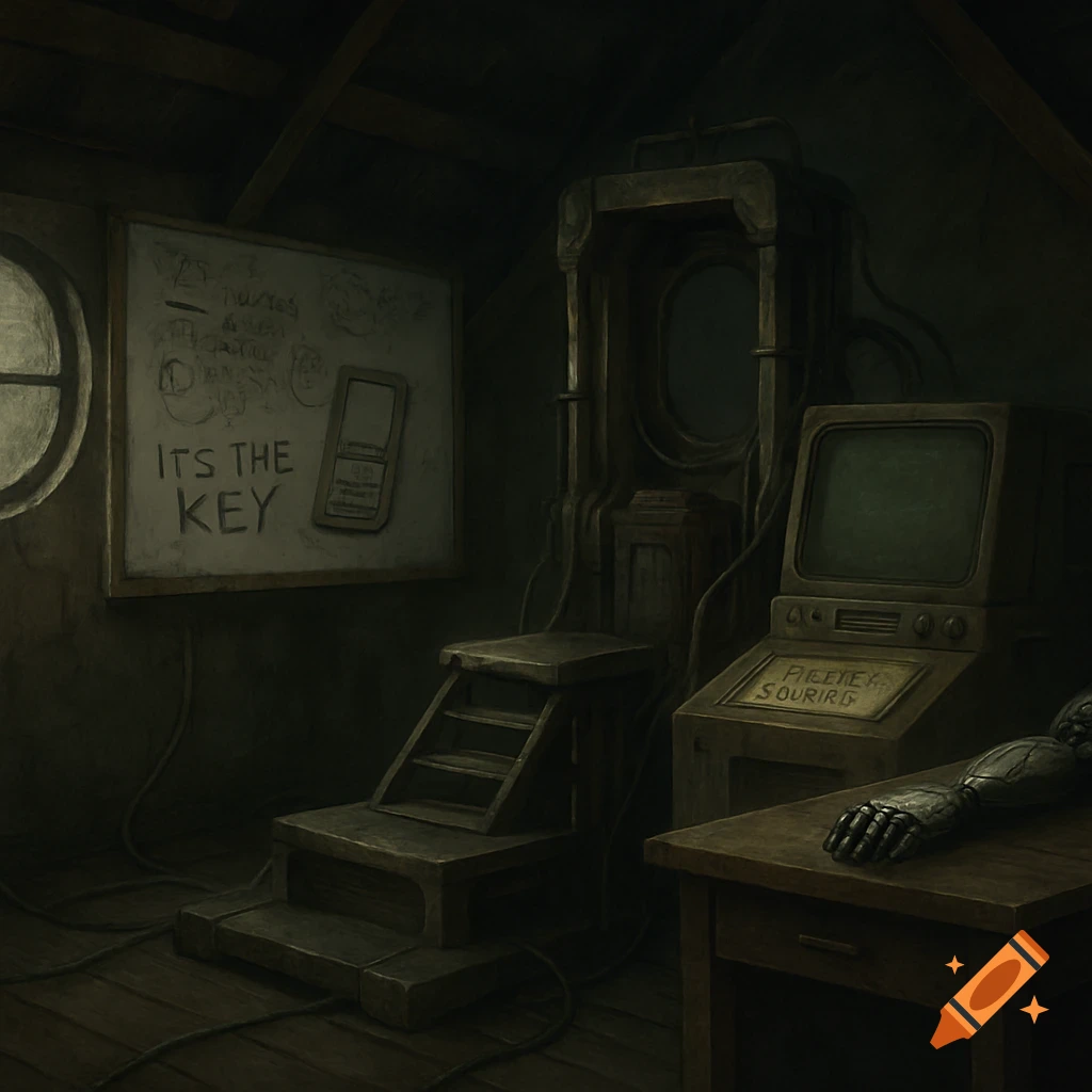 Dimly lit attic workshop with old machinery, a whiteboard with diagrams and the words 'ITS THE KEY', a computer, and a robotic arm on a desk.