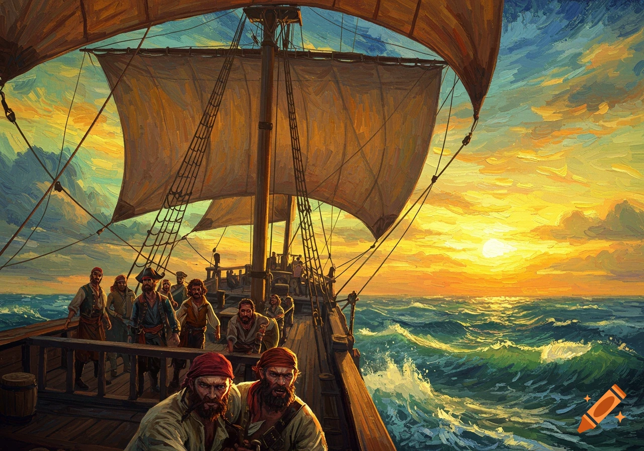 Pirates on a ship sailing towards a vibrant sunset in a textured painting style.