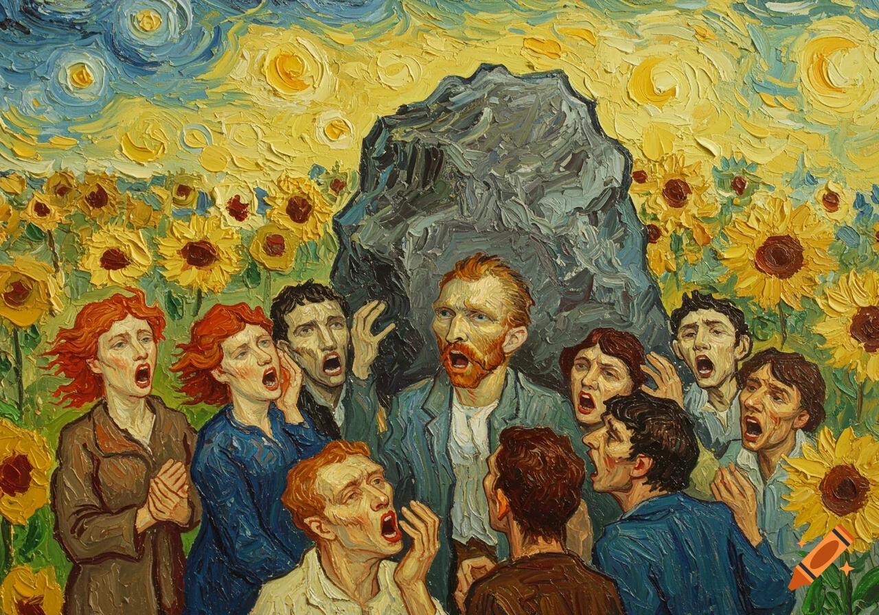 Painting in Van Gogh style of people yelling at a rock in a sunflower field