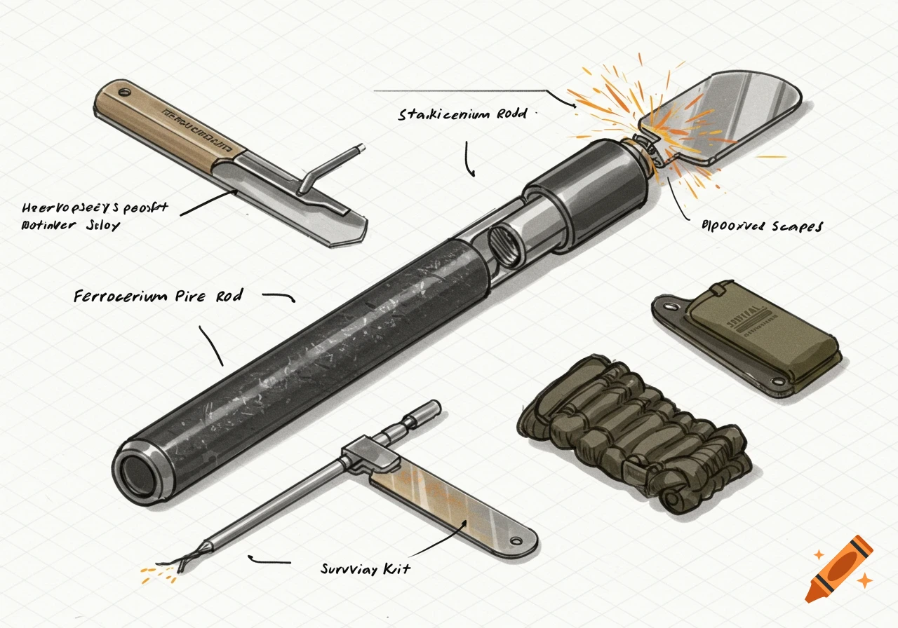 Isometric sketch of survival tools including a ferrocerium rod and dog tags on a grid background.