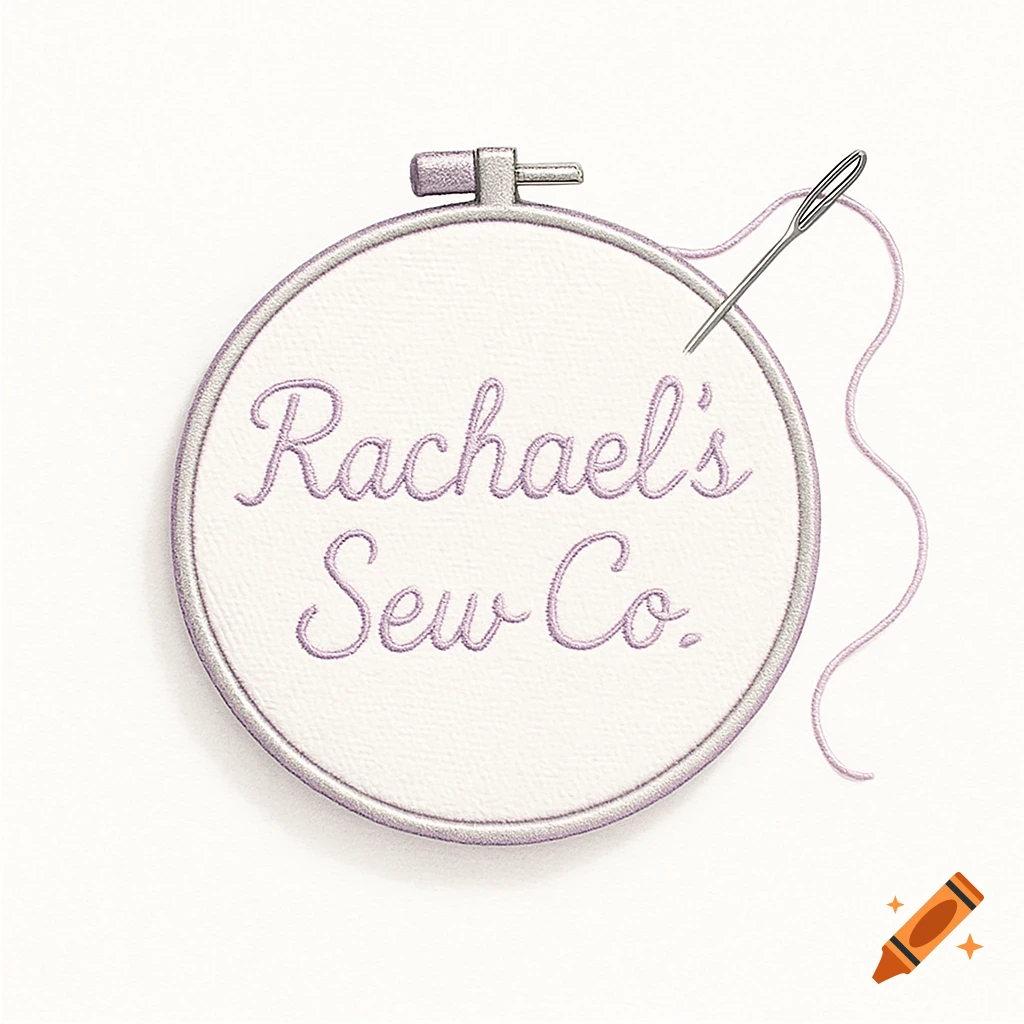 A logo featuring an embroidery hoop with a needle and thread stitching the words "Rachael's Sew Co." in purple script.