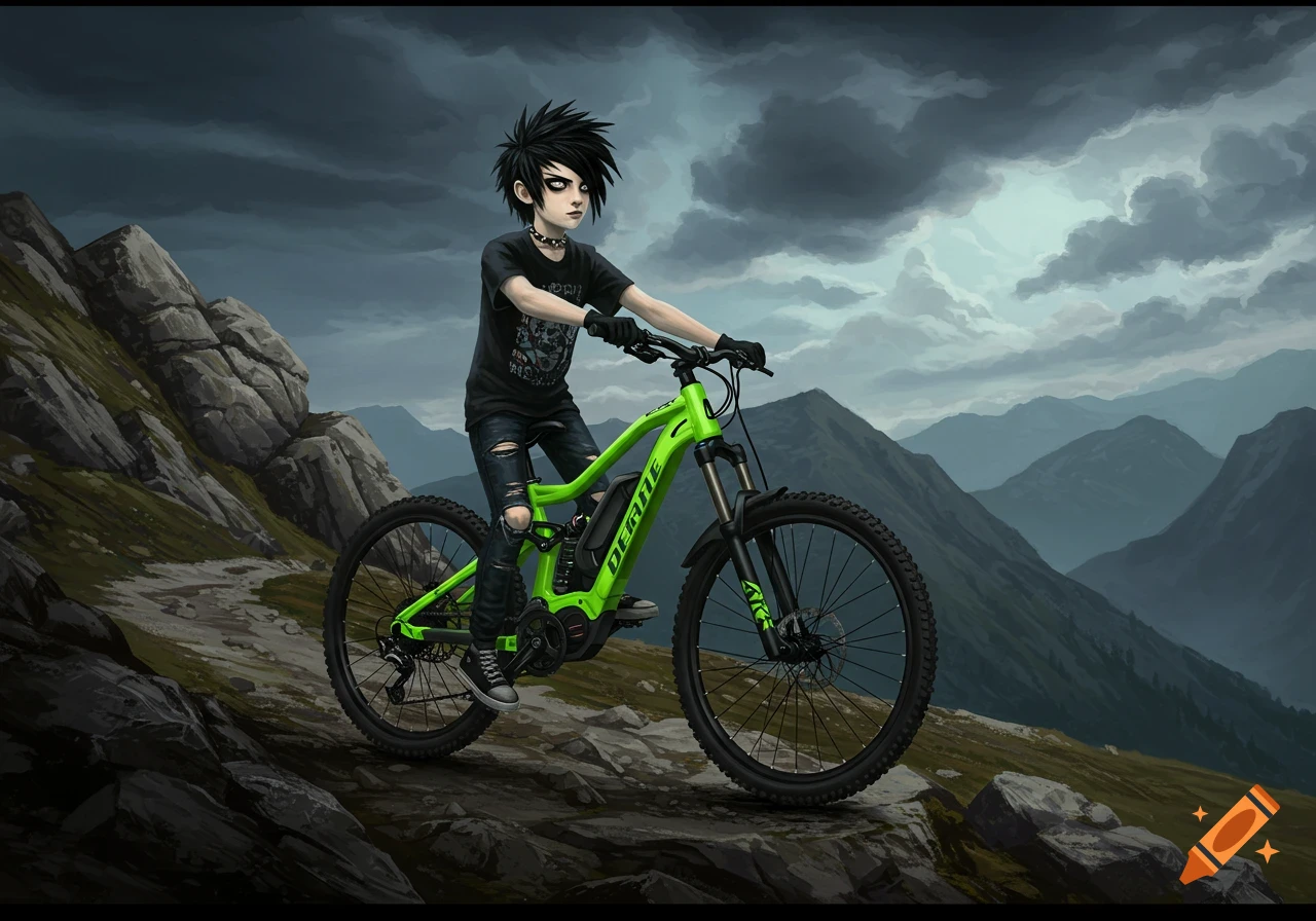 Stylized image of an emo kid on a bright green ebike on a mountain trail under a stormy sky.