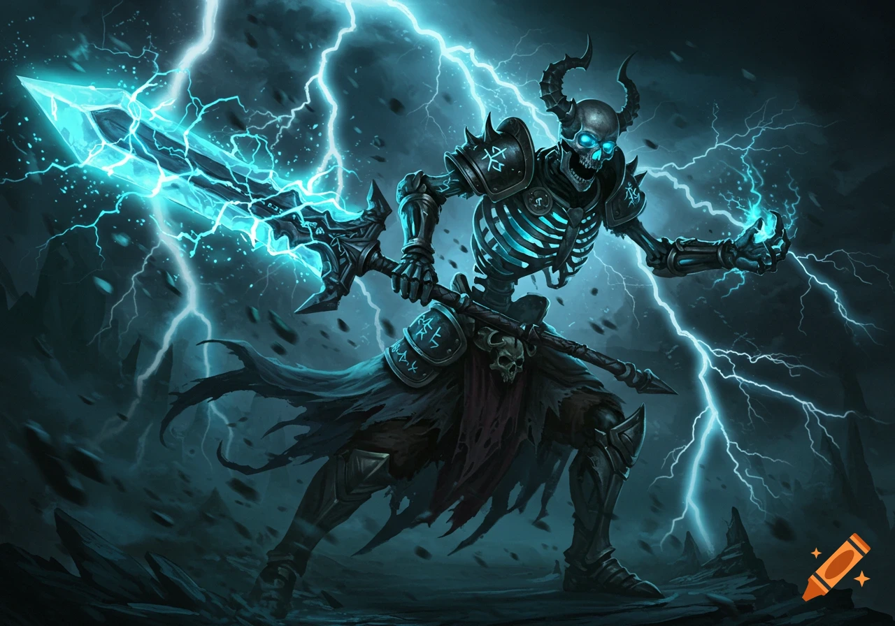 Epic skeleton warrior with glowing sword surrounded by lightning.