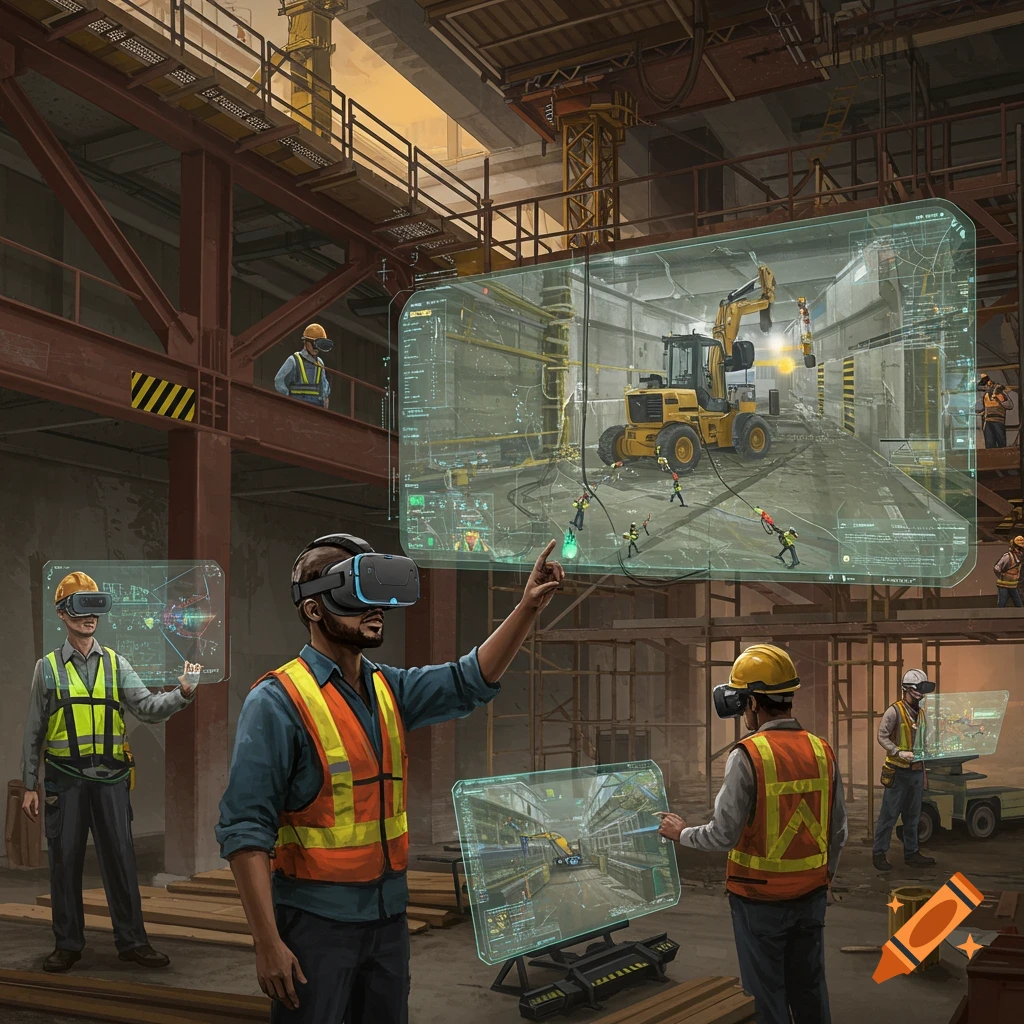 Construction workers in VR headsets interacting with virtual displays showing heavy machinery at a construction site.