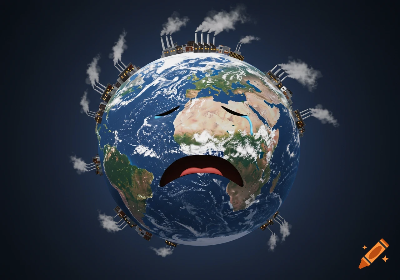 Animated planet Earth with a sad face crying, surrounded by smoking factories polluting the atmosphere.