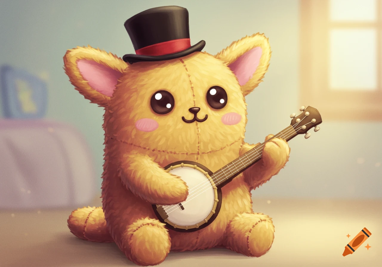 A cute plush toy wearing a top hat plays a banjo.