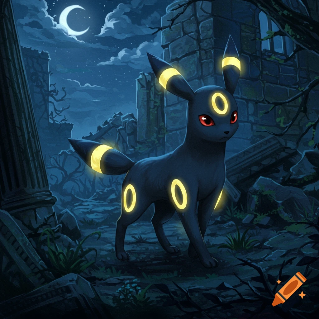 Umbreon stands among ruins at night under a crescent moon.