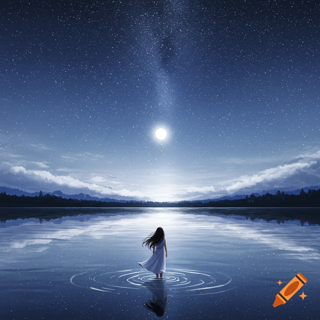 A person stands in shallow water under a starry night sky with the moon reflecting on the surface.