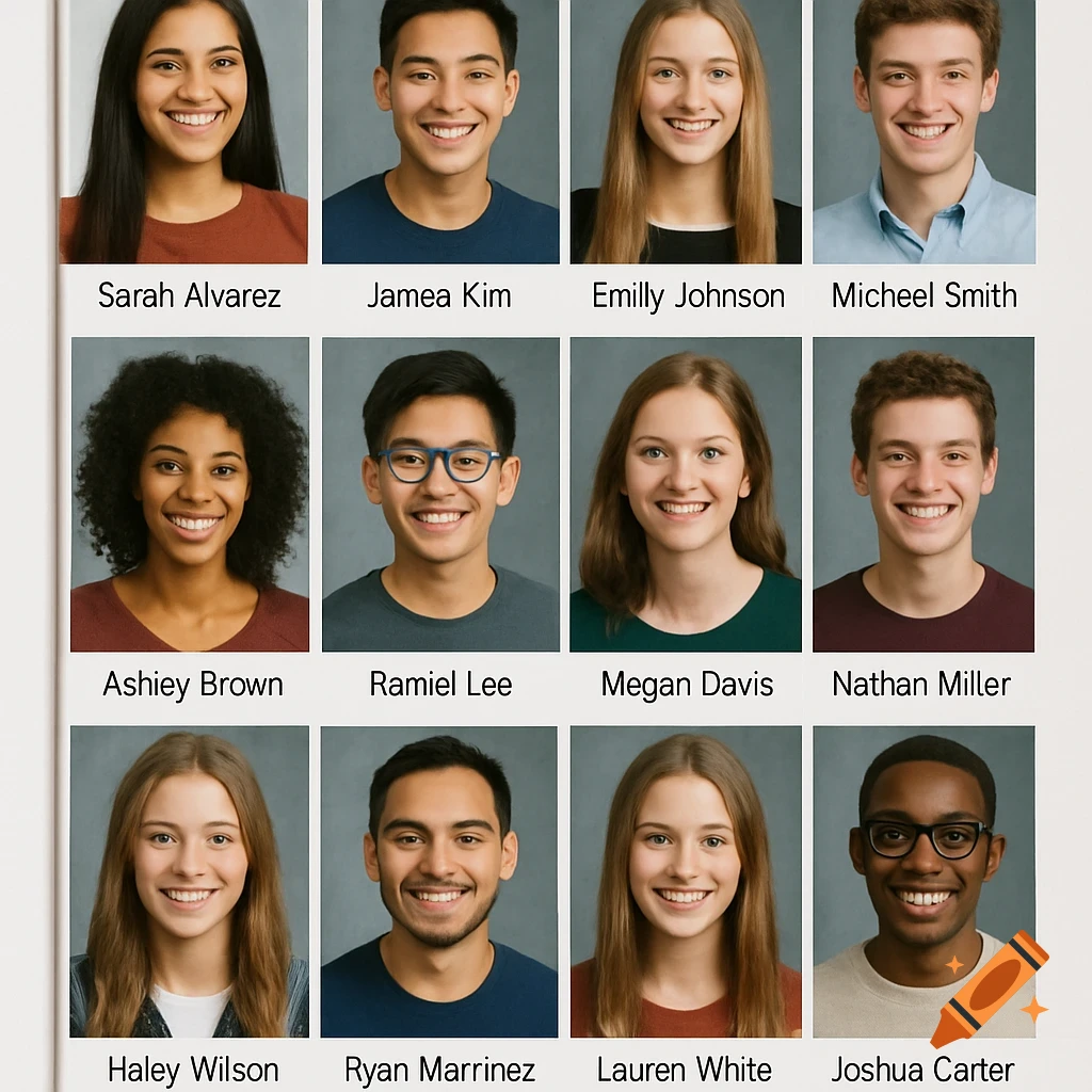A grid of twelve diverse young adults' portraits with their names labeled underneath.