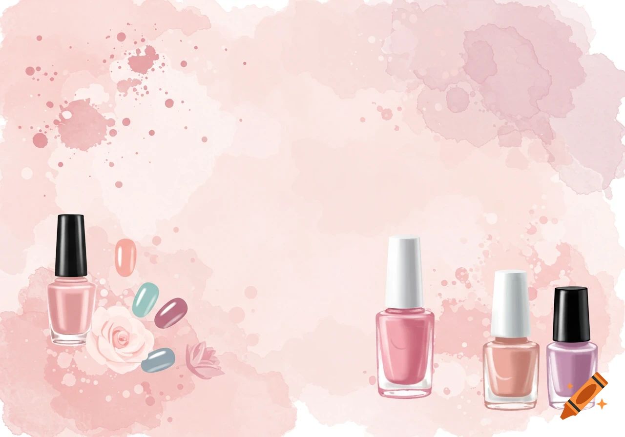 Watercolor background with nail polish bottles, nail swatches, and flowers in pastel colors.