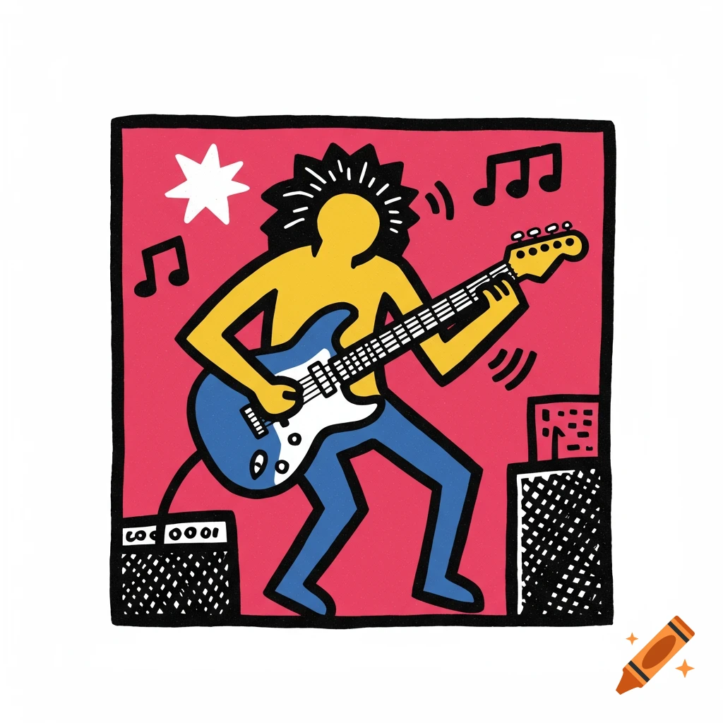 A figure in the style of Keith Haring plays a blue and white electric guitar, surrounded by music notes and amplifiers.