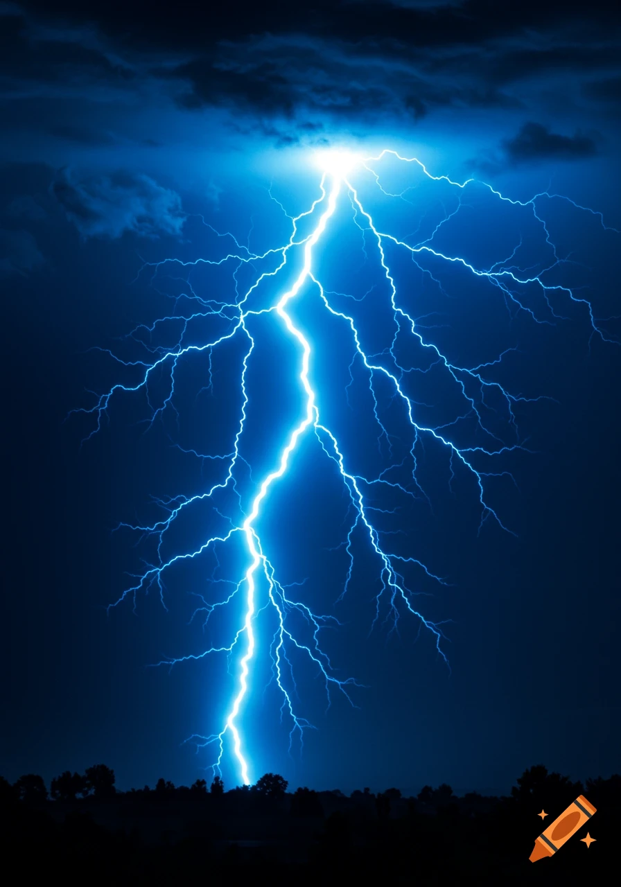 Bright blue lightning bolt in a dark storm sky over a silhouetted landscape.