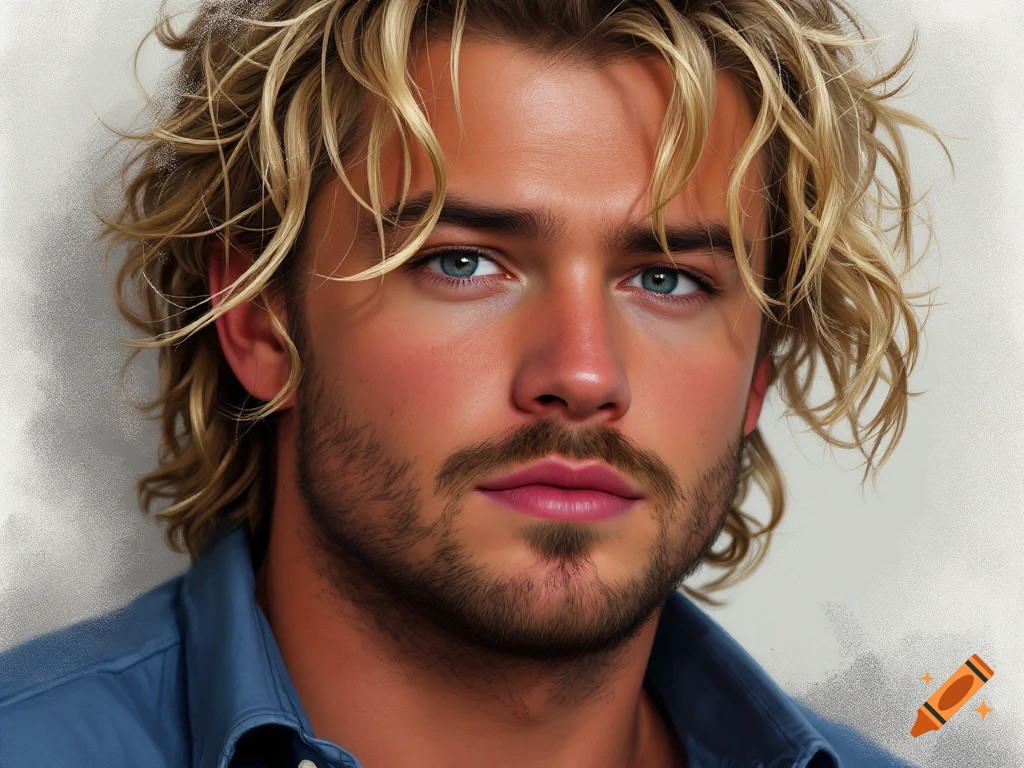 Close-up portrait of a man with wavy blonde hair and a beard on Craiyon