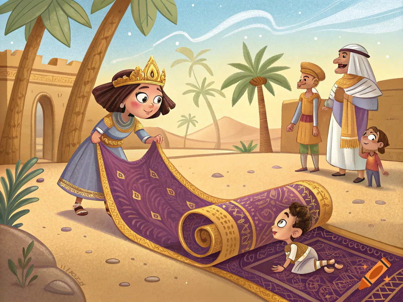Cartoon illustration of a queen unrolling a large purple carpet with a child inside, others watch in a desert setting.