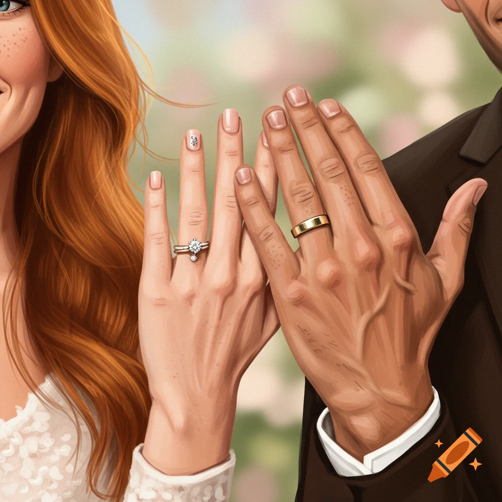 Close up digital painting of a man and woman's hands showing wedding rings.