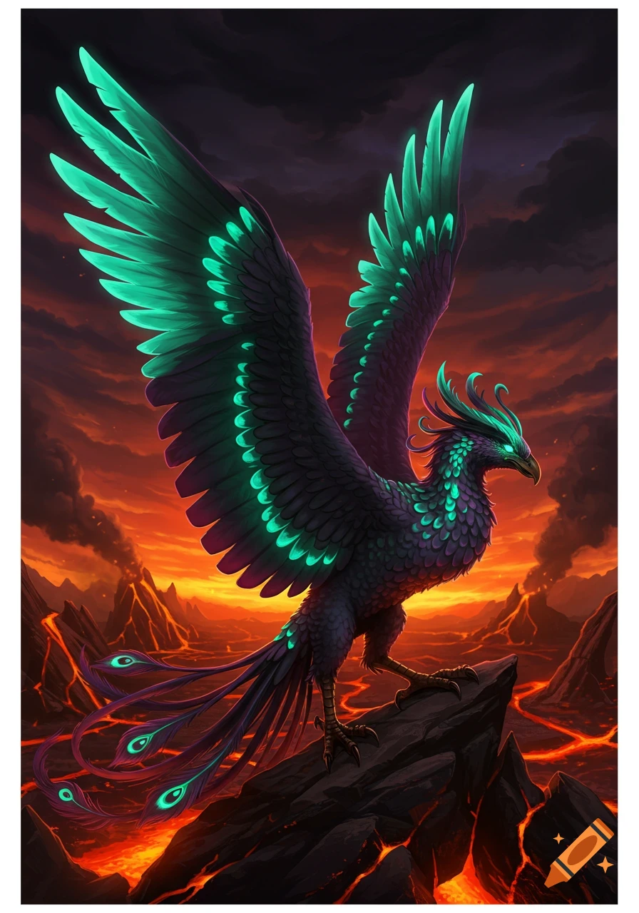 A dark phoenix with glowing teal feathers stands on a rock in a volcanic landscape with lava rivers and smoke.