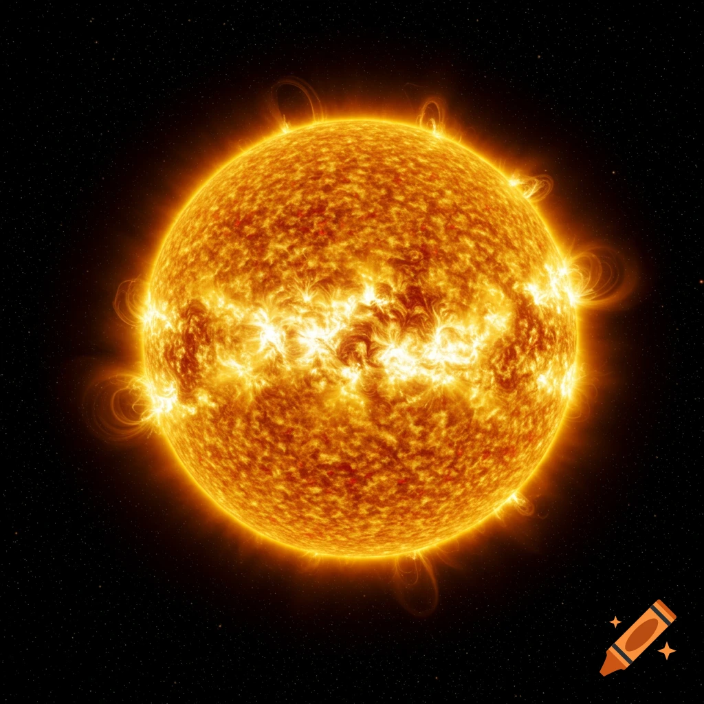 A fiery sun with prominent solar flares against a black, star-filled space background.
