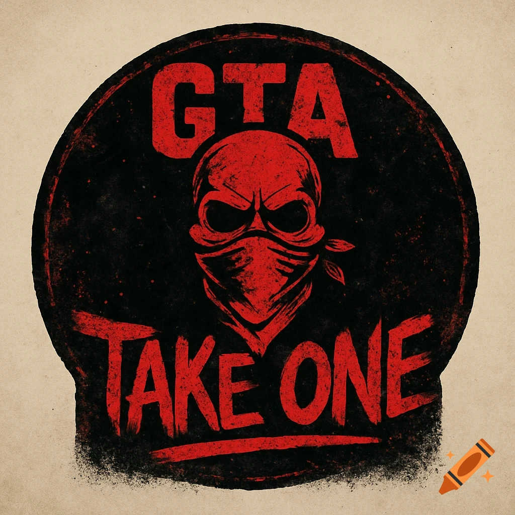 Red skull with bandana in a black circle logo, text 'GTA' and 'TAKE ONE', gritty urban style.