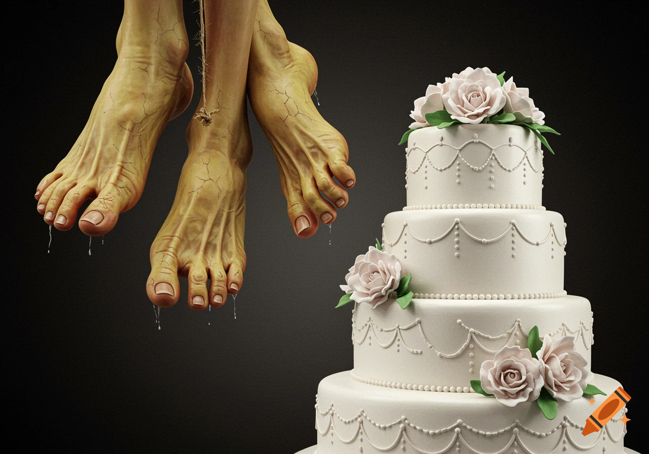 Ugly, cracked feet hanging by string over a white wedding cake with pink roses, render style.