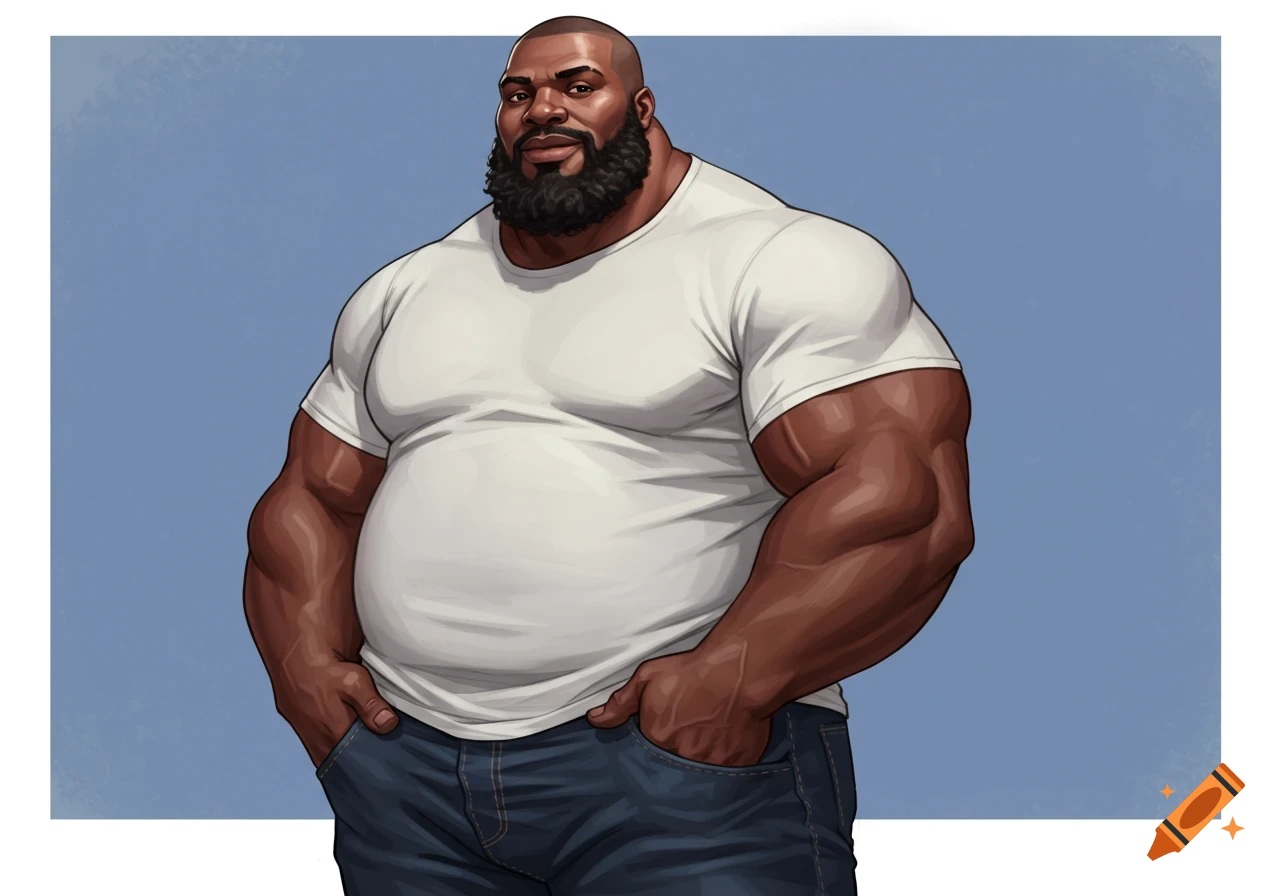 Illustration of a large, muscular Black man in a white t-shirt and jeans, hands in pockets.
