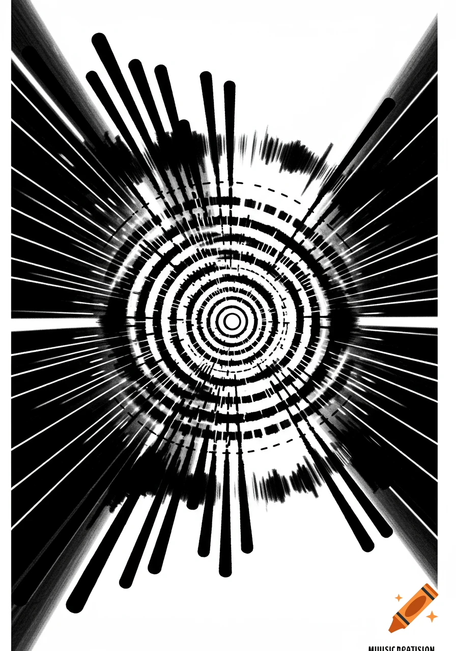 Abstract black and white illustration with concentric circles and ...