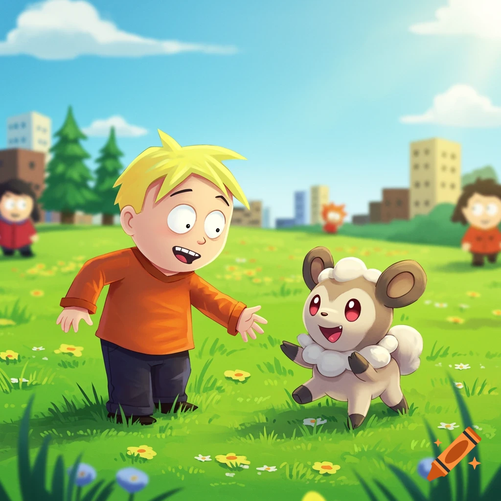 Cartoon boy resembling Butters from South Park plays with a Pokemon resembling Skiddo in a grassy field.