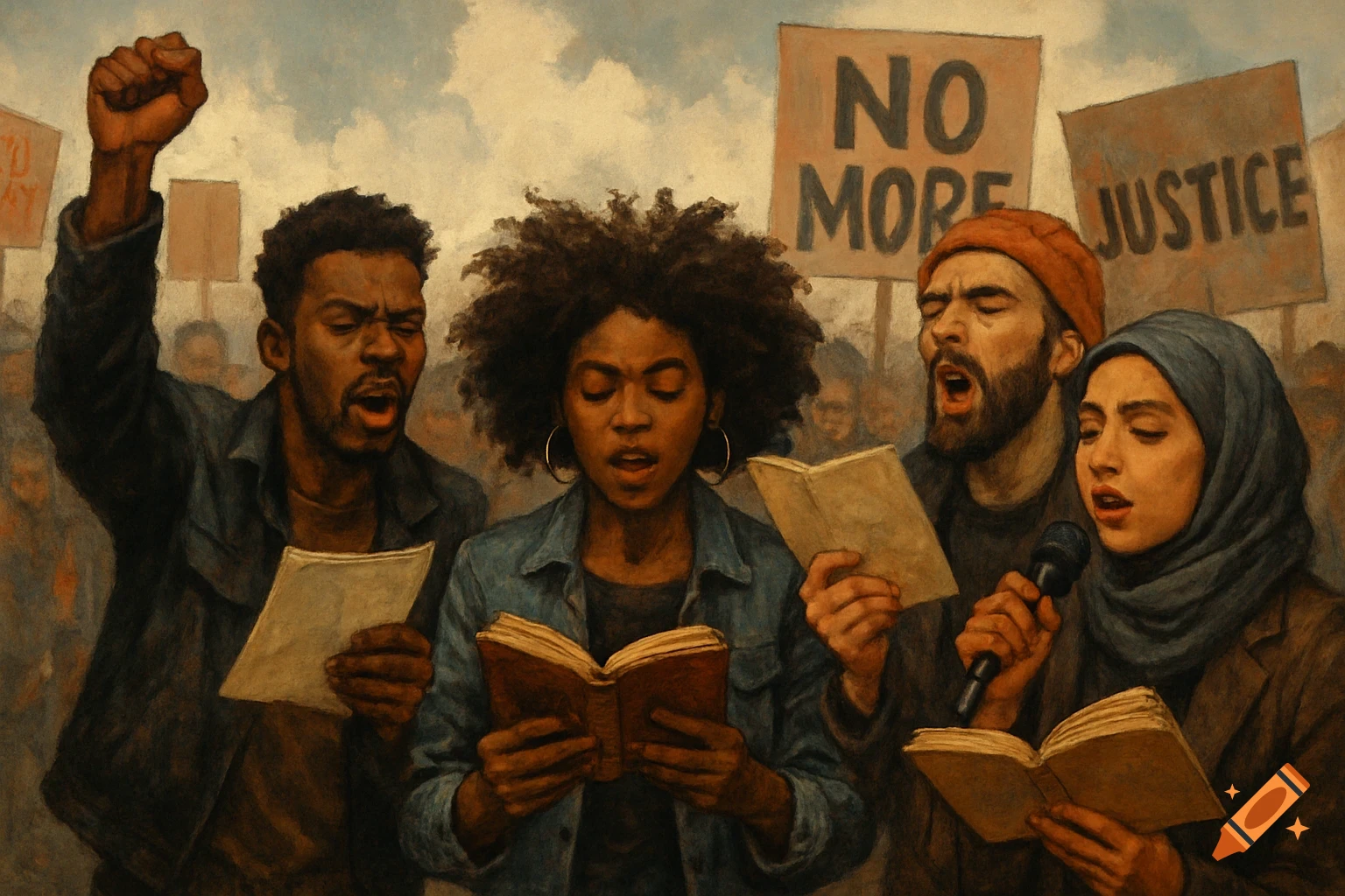 Diverse group singing or reading during a protest with signs 'NO MORE JUSTICE'.