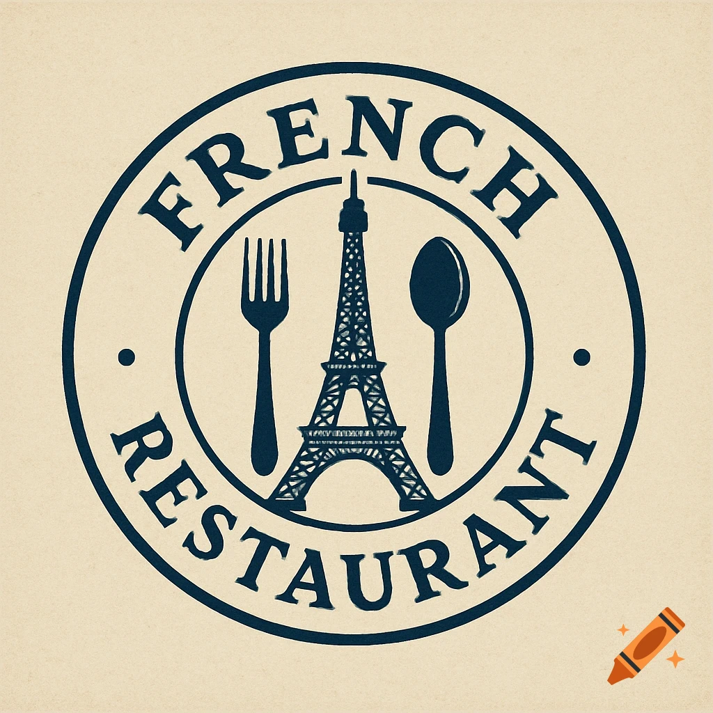 A circular logo with 'FRENCH RESTAURANT' text, an Eiffel Tower, a fork, and a spoon.